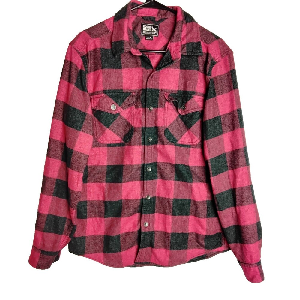 Eddie Bauer Mens Long Sleeve Flannel Shirt Medium Button buffalo Plaid red Black - Picture 1 of 5